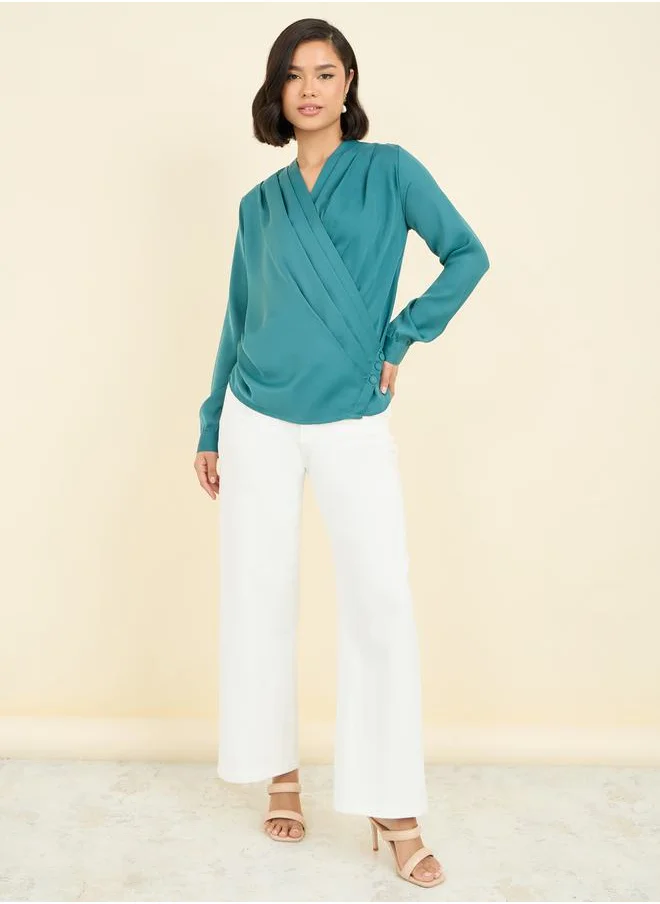 ستايلي Pleated V Neck Button Closure Wrap Top