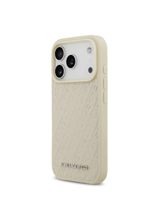 كارل لاغرفيلد جراب MagSafe لهاتف iPhone 17 Pro Max / غطاء خلفي من جلد البولي يوريثان ملفوف بالكامل مع Karl Grain / بيج