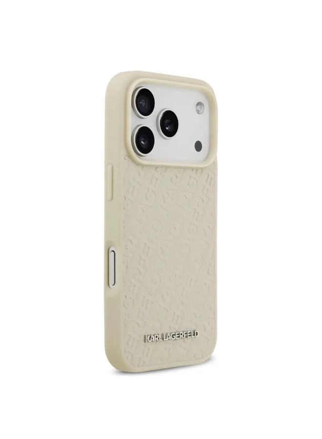 كارل لاغرفيلد جراب MagSafe لهاتف iPhone 17 Pro Max / غطاء خلفي من جلد البولي يوريثان ملفوف بالكامل مع Karl Grain / بيج