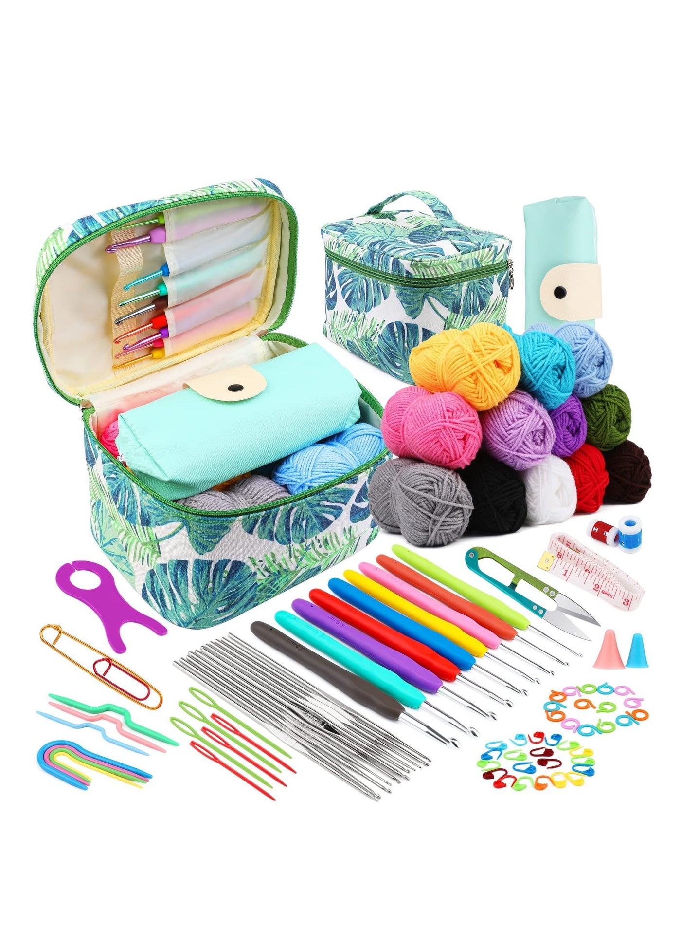 87 Pcs Crochet Kit for Beginners, Crochet Starter Kit, Crochet Needles Set, 12 Yarn Balls Plastic Sewing Needles Stitch Marker Storage Bag, Knitting Accessories for Adults Kids Beginner Craft