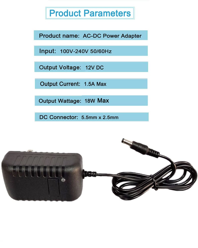 MTYTOT 12V DC Power Supply 1.5A Universal AC Adapter, 100-240 50/60Hz to 12 Volts 1.5Amp Transformer, DC 12V Power Adapter Cord, 【5.5mm x 2.5mm Barrel Plug】 - Image 2