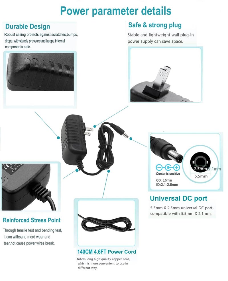 MTYTOT 12V DC Power Supply 1.5A Universal AC Adapter, 100-240 50/60Hz to 12 Volts 1.5Amp Transformer, DC 12V Power Adapter Cord, 【5.5mm x 2.5mm Barrel Plug】 - Image 4