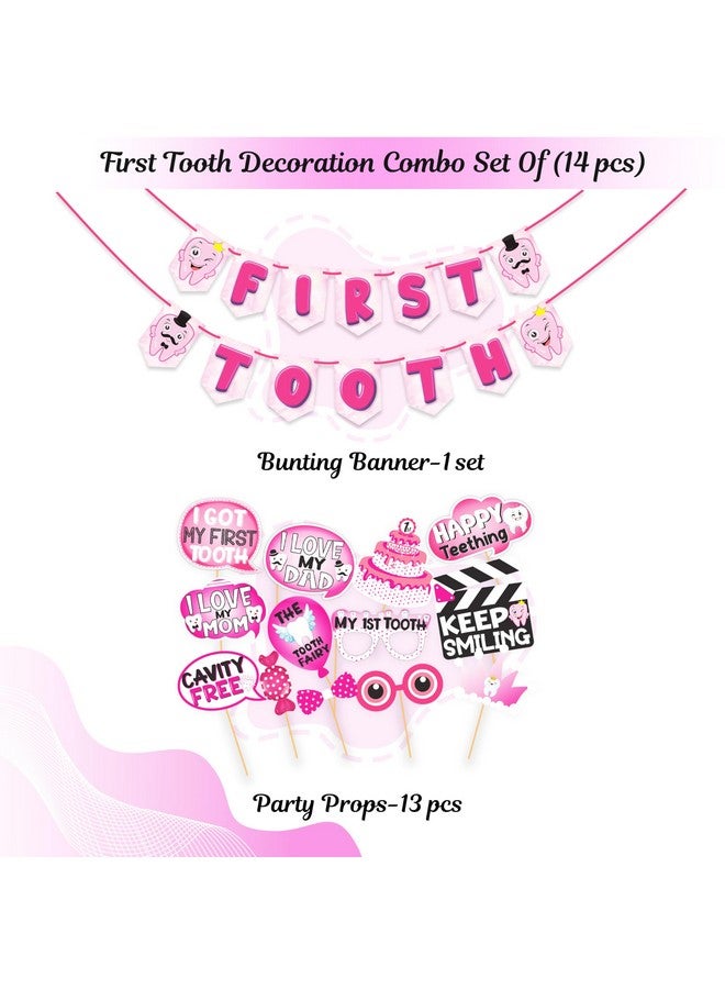 Wobbox First Tooth Photo Booth Party Props (13 Pcs) with First Tooth Bunting Banner, Pink Colour Stylish Font, First Tooth Decoration, First Tooth Decoration Items for Baby - Image 2