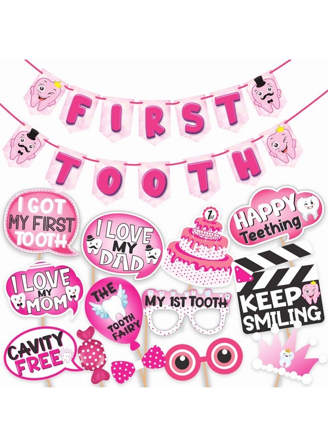 Wobbox First Tooth Photo Booth Party Props (13 Pcs) with First Tooth Bunting Banner, Pink Colour Stylish Font, First Tooth Decoration, First Tooth Decoration Items for Baby - Image 1
