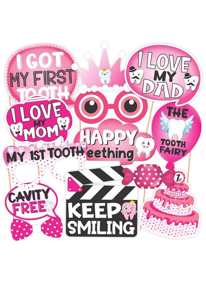 Wobbox First Tooth Photo Booth Party Props (13 Pcs) with First Tooth Bunting Banner, Pink Colour Stylish Font, First Tooth Decoration, First Tooth Decoration Items for Baby - Image 5
