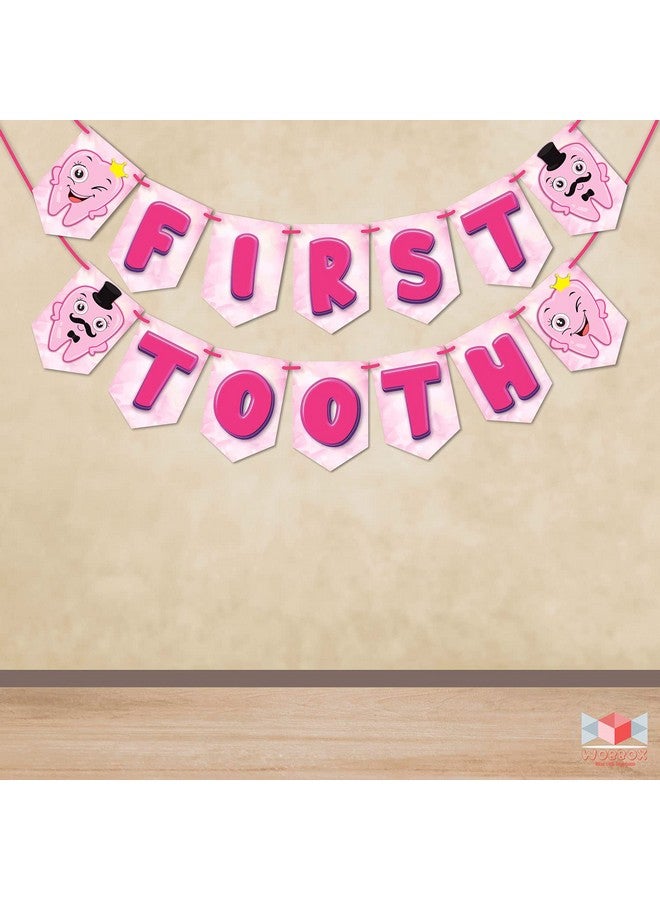 Wobbox First Tooth Photo Booth Party Props (13 Pcs) with First Tooth Bunting Banner, Pink Colour Stylish Font, First Tooth Decoration, First Tooth Decoration Items for Baby - Image 4