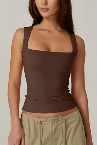QINSEN Womens Tank Top Sleeveless Square Neck Casual Basic Fitted T- Shirts Brown XL - Image 3