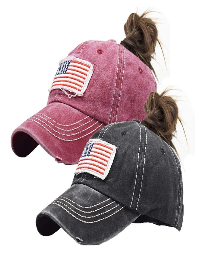Pogah Distressed Ponytail Hat for Women American-Flag Pony Tail Caps High Bun (2Pcs(Black+Wine Red), One Size) - Image 1