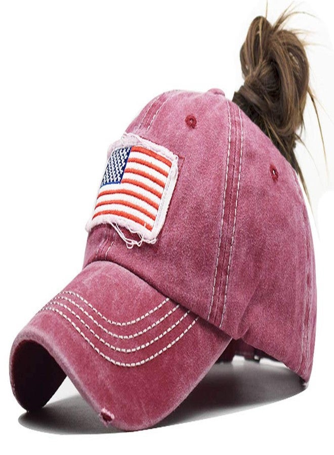 Pogah Distressed Ponytail Hat for Women American-Flag Pony Tail Caps High Bun (2Pcs(Black+Wine Red), One Size) - Image 3