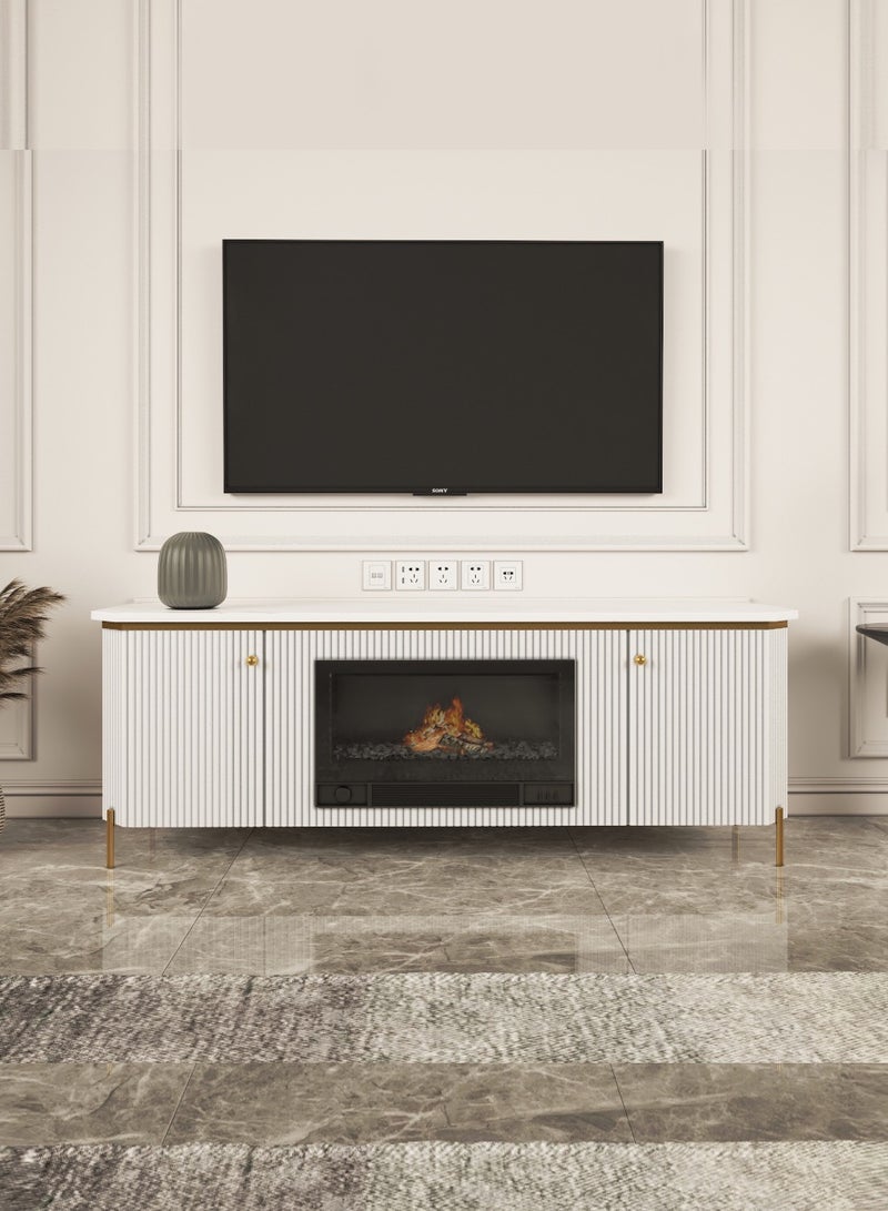 زهرة الفخامة طاولة تلفزيون مع مدفأة كهربائية - خزانة تخزين فاخرة باللون الأبيض والذهبي - تصميم عصري من خشب MDF يناسب غرف المعيشة، الضيوف والمكاتب - 80×40×40 سم - Image 1
