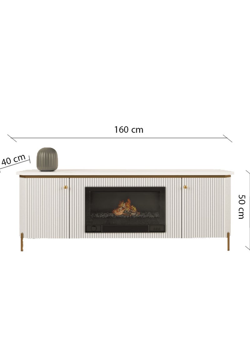 زهرة الفخامة طاولة تلفزيون مع مدفأة كهربائية - خزانة تخزين فاخرة باللون الأبيض والذهبي - تصميم عصري من خشب MDF يناسب غرف المعيشة، الضيوف والمكاتب - 80×40×40 سم - Image 2