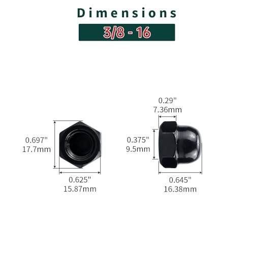 Fayeploo 3/8-16 Black Acorn Hex Cap Nuts (20 pcs), 304 Stainless Steel 18/8, Black Oxide Coated, Acorn Dome Head Cap Nuts, Fayeploo - Image 2