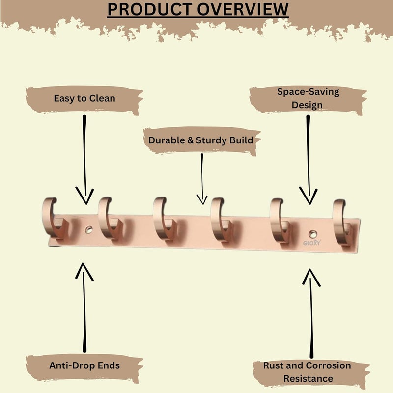 GLOXY GLOXY 6 Pin Stainless Steel Bathroom Accessories 6 Hooks Plate Wall Mounting Door Back Hanger Pins for Hanging Cloth Set Shirt Bar Towel Rack Robe Key khuttiRose Gold Pack of 2 - Image 3