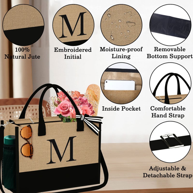 YOOLIFE Birthday Gifts for Women - Gifts for Women Teacher, A Initial Beach Bag Gift for Friend Sister Mom Birthday Personalized Gift for Her Wife, Jute Initial Beach Tote Bag - Image 5