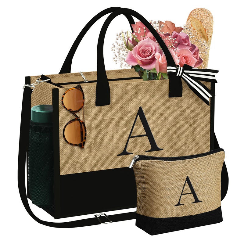 YOOLIFE Birthday Gifts for Women - Gifts for Women Teacher, A Initial Beach Bag Gift for Friend Sister Mom Birthday Personalized Gift for Her Wife, Jute Initial Beach Tote Bag - Image 1