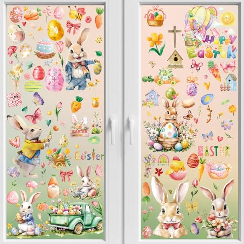 FCZon Star 9-Sheet Easter Window Clings with 167 Pcs - Double-Sided Bunny & Easter Egg Window Decals, Static Cling Decorations for Glass, Reusable Spring Decor for Home School Office Indoor Party Decor - Image 1