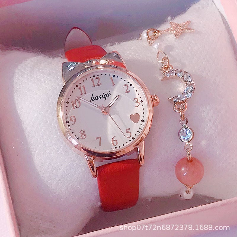 Childrens Watch Womens Time Waterproof Drop-Resistant Cute Cartoon Luminous Girls Primary School Pointed Electronic Watch Love-Red