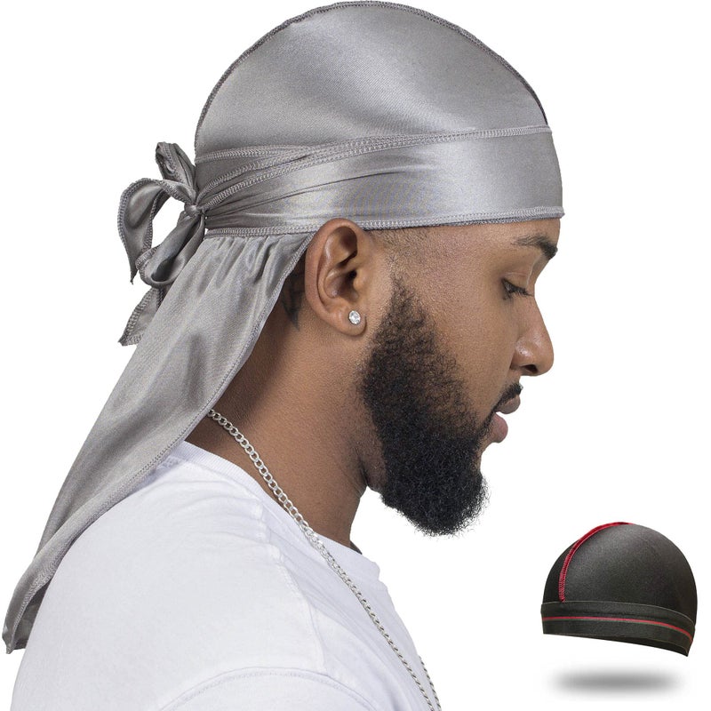 ForceWave Silky Durag for Men Wave Cap Satin Dorag for Men Women 360 Wave Gray - Image 1