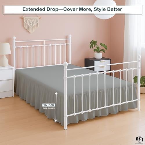 NON Sticky cotton Premium Microfiber Queen Ruffled Bed Skirt, 15” Drop with Split Corners, Soft Wrinkle Free Bedskirt with Platform, Solid Ligth Grey Dust Ruffle for 60" x 80" Mattress - Image 5