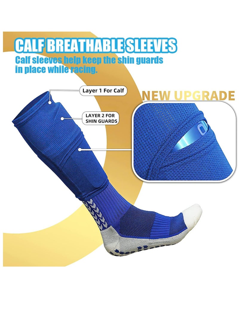 Football Shin Guards Set Of Soccer Shin Pads And Sleeves Lightweight Breathable Blue L Size