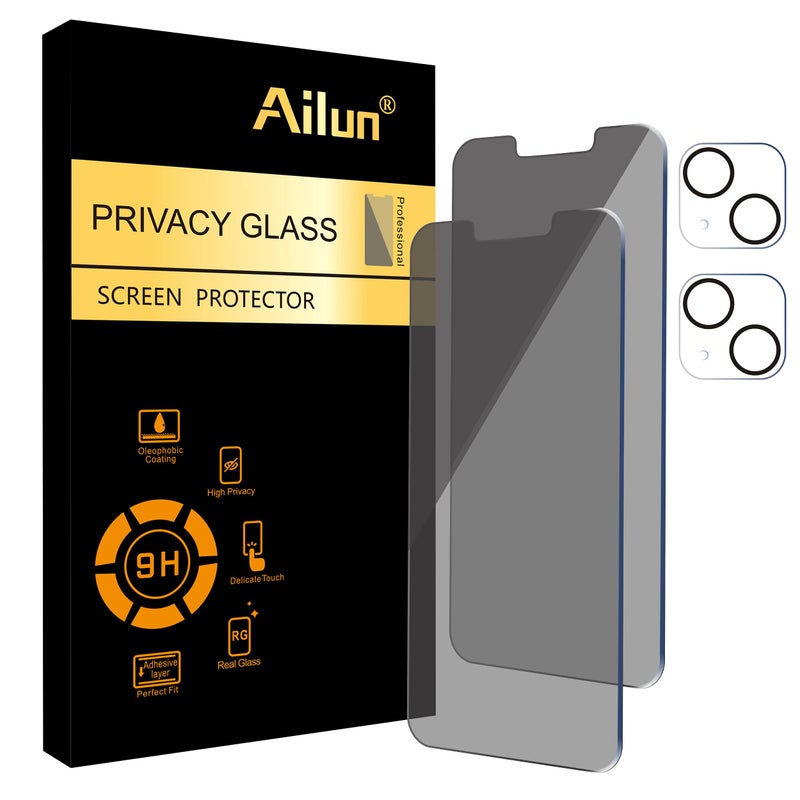 Ailun 2Pack Privacy Screen Protector for iPhone 13 Mini [5.4 inch] + 2 Pack Camera Lens Protector, Anti Spy Private Tempered Glass Film,[9H Hardness] - HD - Image 1