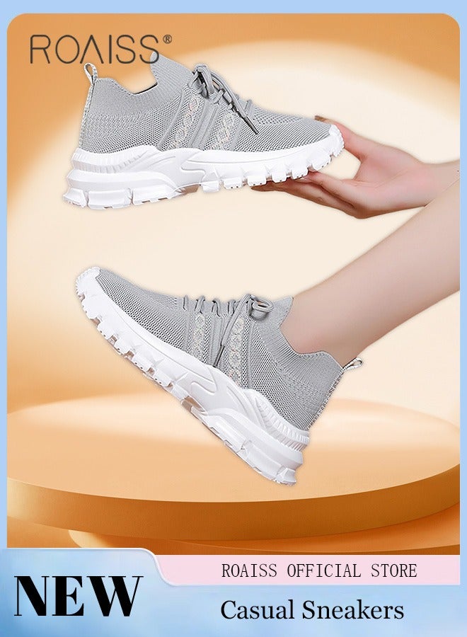 رويس أحذية أنيقة سميكة للنساء، أحذية رياضية منخفضة الرقبة للسيدات، أحذية رياضية خفيفة الوزن ومسامية مع جزء علوي شبكي ونعل سميك مانع للانزلاق، مناسبة للارتداء اليومي والأنشطة الخارجية - Image 1