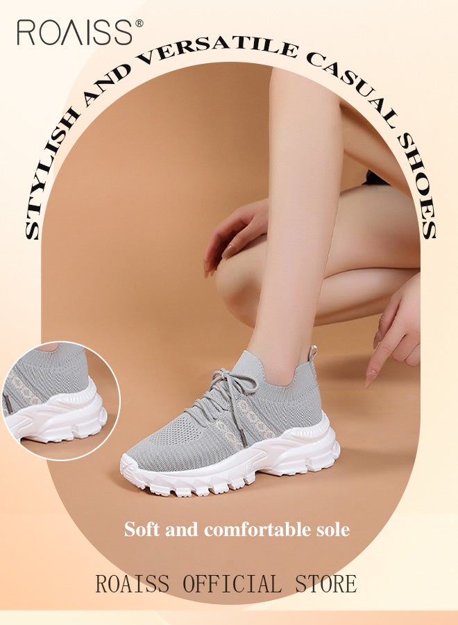رويس أحذية أنيقة سميكة للنساء، أحذية رياضية منخفضة الرقبة للسيدات، أحذية رياضية خفيفة الوزن ومسامية مع جزء علوي شبكي ونعل سميك مانع للانزلاق، مناسبة للارتداء اليومي والأنشطة الخارجية - Image 2
