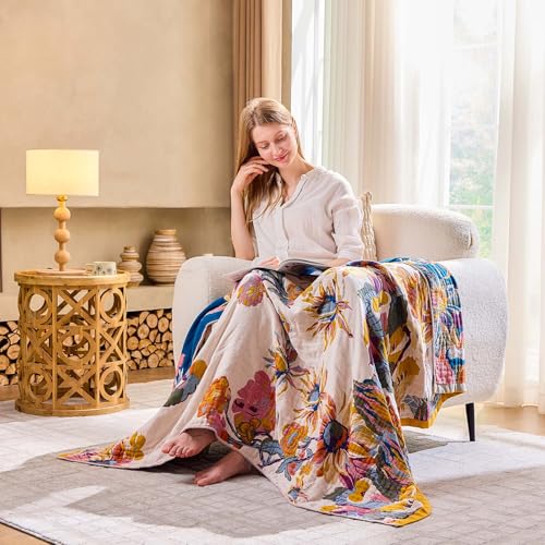 XIBLC Boho Throw Blanket 100 Cotton Ultra Soft Luxury Throw Rustic Quilt 90x98 Floral Bird Butterfly Farmhouse Decor Bed Blankets All Season Rustic Reversible Bohemian Throw for Bed Yellow - Image 3