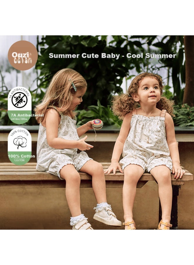 Ouyun Baby Summer Lightweight Sleeveless Romper Pajamas Green Floral 59cm - Image 1