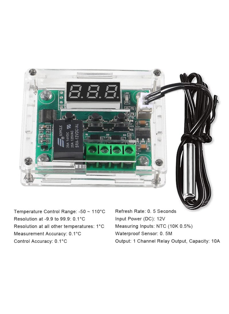 Excefore - W1209 DC 12V Digital Temperature Controller, Board Red Digital Display Thermostat -50-110°C Electronic Temperature Temp Control Module Switch with Waterproof Case - Image 1