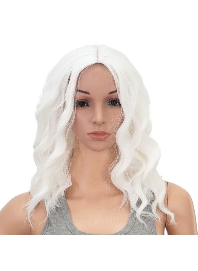 SWACC 15 Inch Short Curly Wavy Hair Wig Medium Length Synthetic Colorful Cosplay Daily Party Wig For Women And Kids With Wig Cap (White) - Image 4