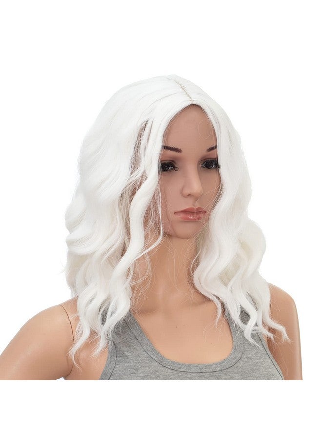 SWACC 15 Inch Short Curly Wavy Hair Wig Medium Length Synthetic Colorful Cosplay Daily Party Wig For Women And Kids With Wig Cap (White) - Image 3
