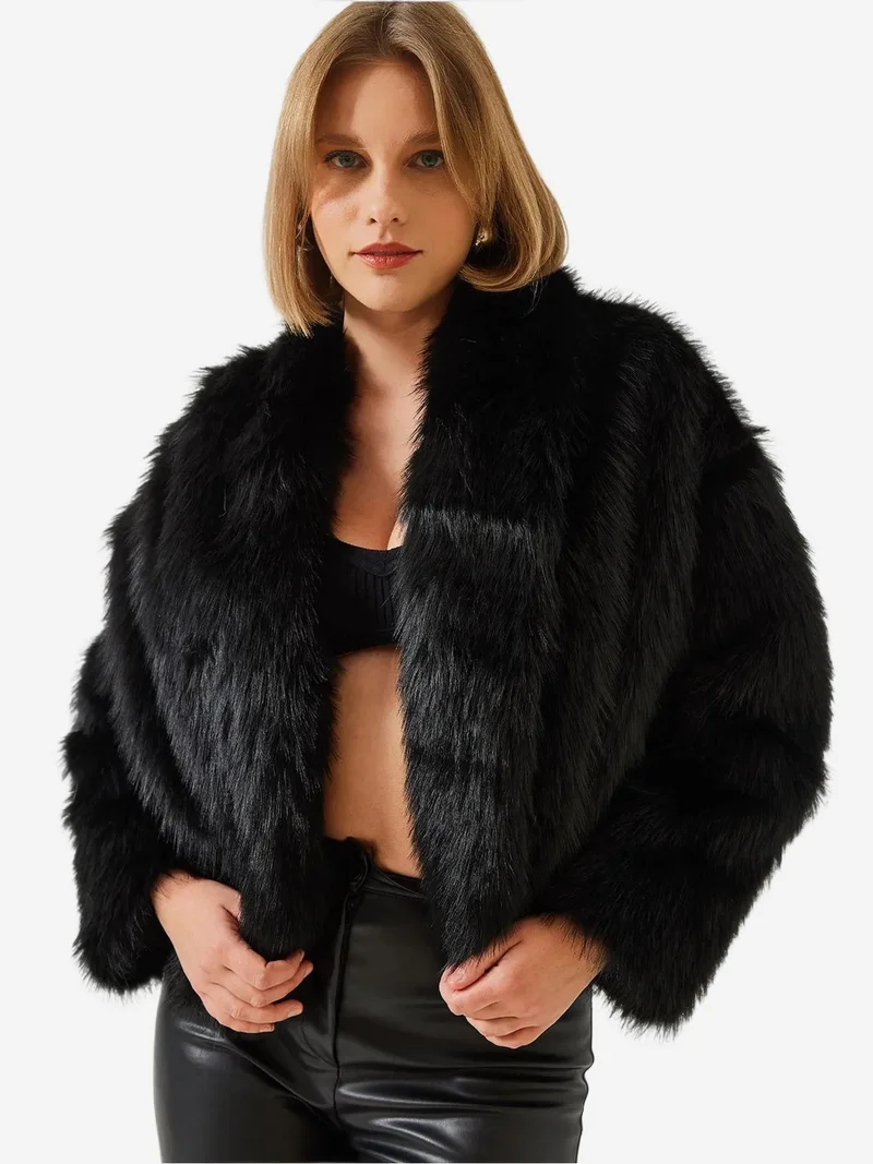 Bianco Lucci Faux Fur Cropped Open Collar Coat