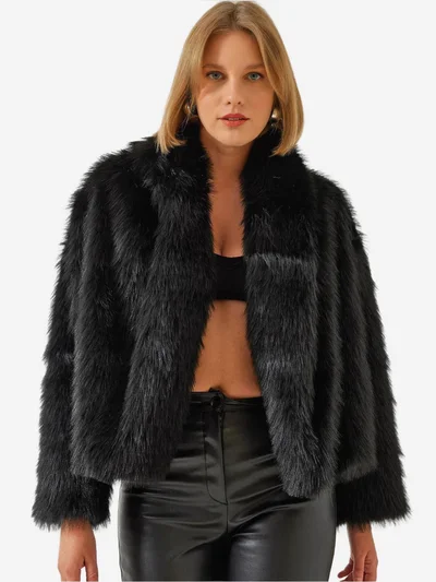 Bianco Lucci Faux Fur Cropped Open Collar Coat