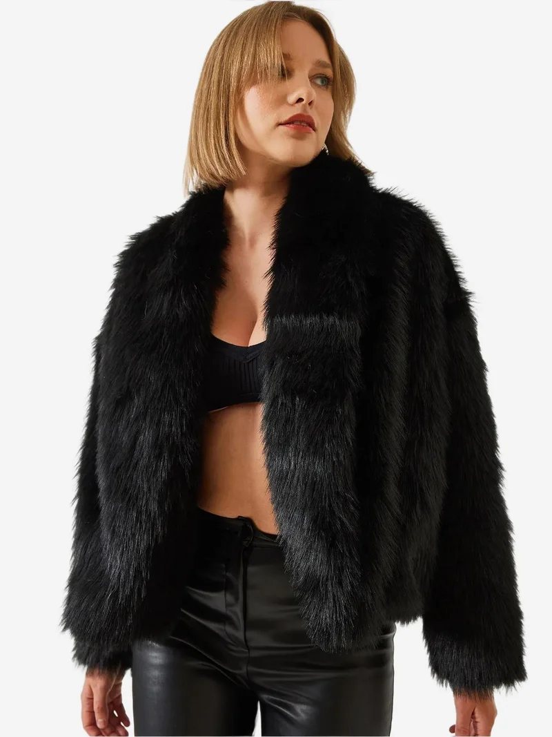 Bianco Lucci Faux Fur Cropped Open Collar Coat