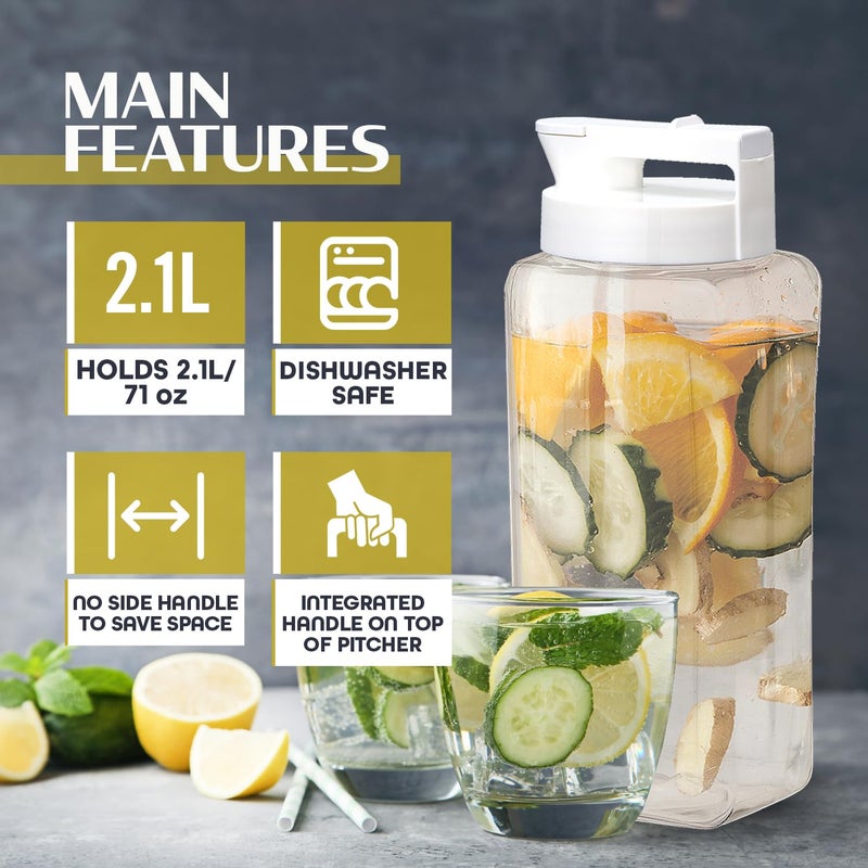 Lustroware SlideServe Slim Airtight Pitcher - 2.1L (70oz), Heat Resistant, BPA-Free SAN Plastic, Space-Saving, Made in Japan - White - Image 4