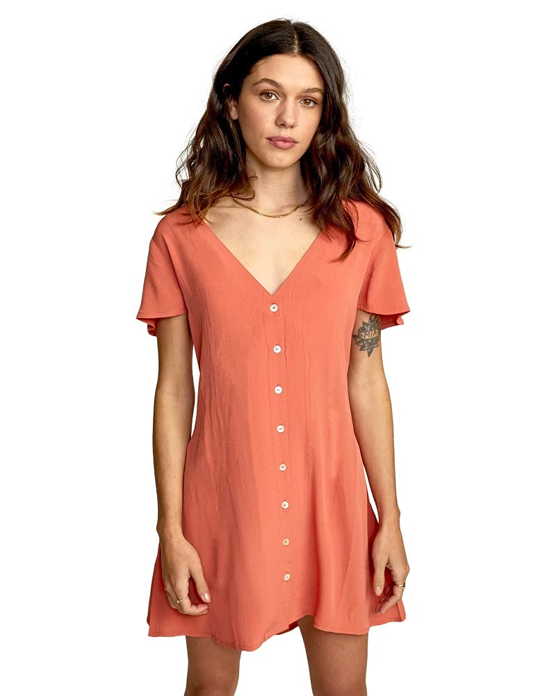 RVCA Women's Avery Woven Short Sleeve Dress, Peach, M/10 - Image 1