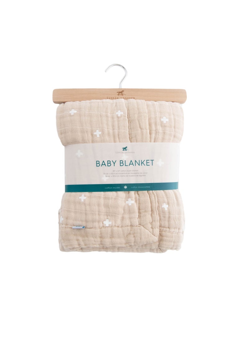 little unicorn Cotton Muslin Baby Blanket Taupe Cross  - Image 1