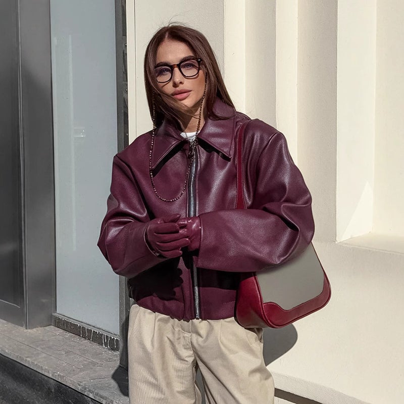 Women Retro Motorcycle PU Leather Jacket Fashion Casual Outerwear - Image 1
