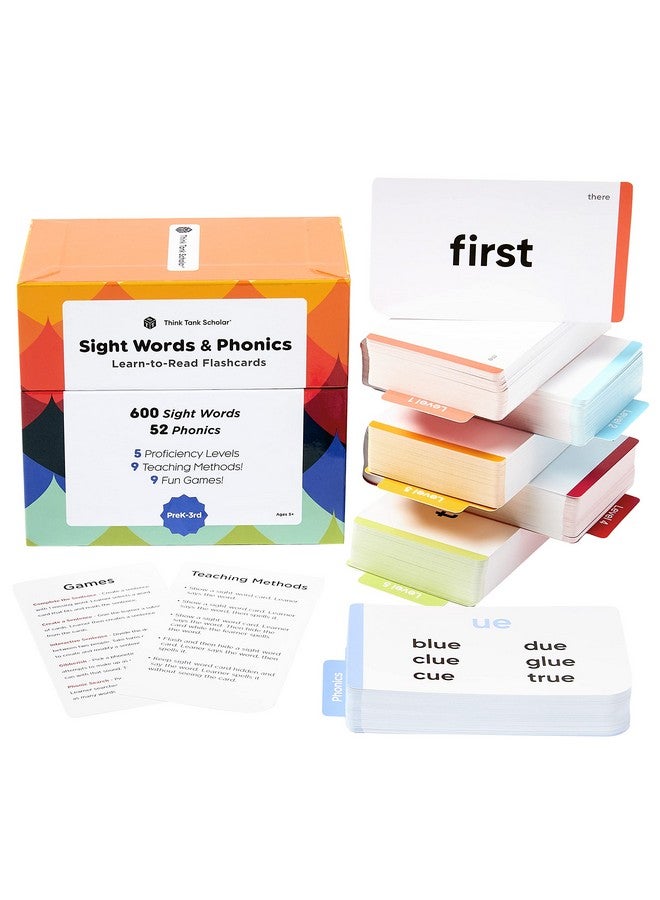 Think Tank Scholar Think Tank Scholar 652 Sight Words/Phonics Flash Cards, Learn to Read: CVC Blends, Short/Long Vowel Sounds, Dolch & Fry High Frequency Site Words + Games: Preschool PreK Kindergarten 1st 2nd 3rd Grade  - Image 1