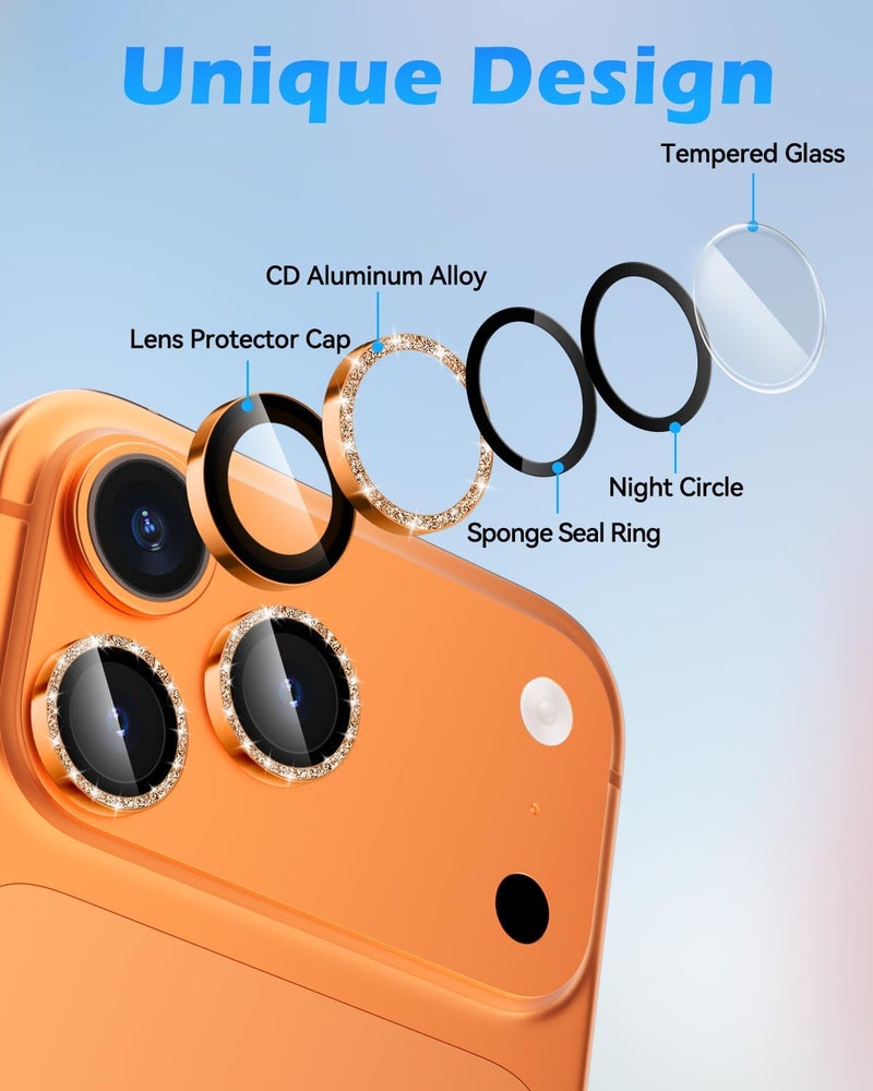 CloudValley Glitter Camera Lens Protector for iPhone 17 Pro/iPhone 17 Pro Max, Anti-Scratch HD Tempered Glass, Shatterproof Metal Ring Cover, Easy Installation, Glitter Cosmic Orange - Image 3