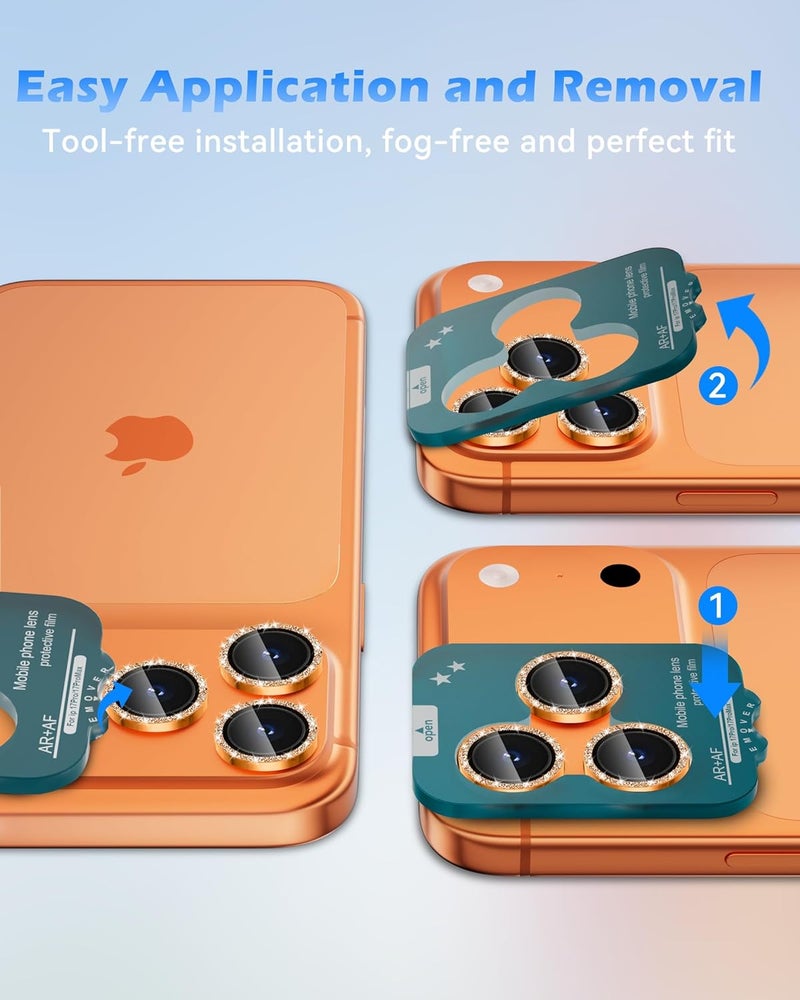 CloudValley Glitter Camera Lens Protector for iPhone 17 Pro/iPhone 17 Pro Max, Anti-Scratch HD Tempered Glass, Shatterproof Metal Ring Cover, Easy Installation, Glitter Cosmic Orange - Image 5