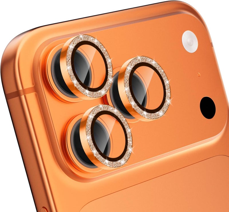 CloudValley Glitter Camera Lens Protector for iPhone 17 Pro/iPhone 17 Pro Max, Anti-Scratch HD Tempered Glass, Shatterproof Metal Ring Cover, Easy Installation, Glitter Cosmic Orange - Image 1
