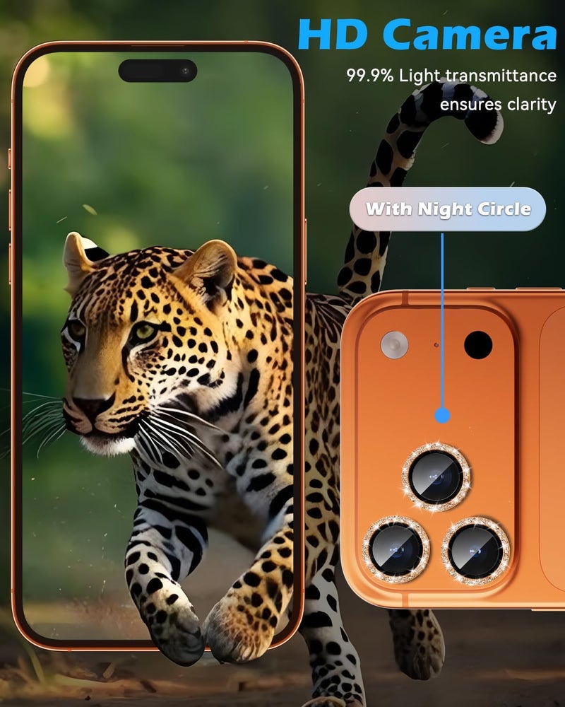 CloudValley Glitter Camera Lens Protector for iPhone 17 Pro/iPhone 17 Pro Max, Anti-Scratch HD Tempered Glass, Shatterproof Metal Ring Cover, Easy Installation, Glitter Cosmic Orange - Image 2