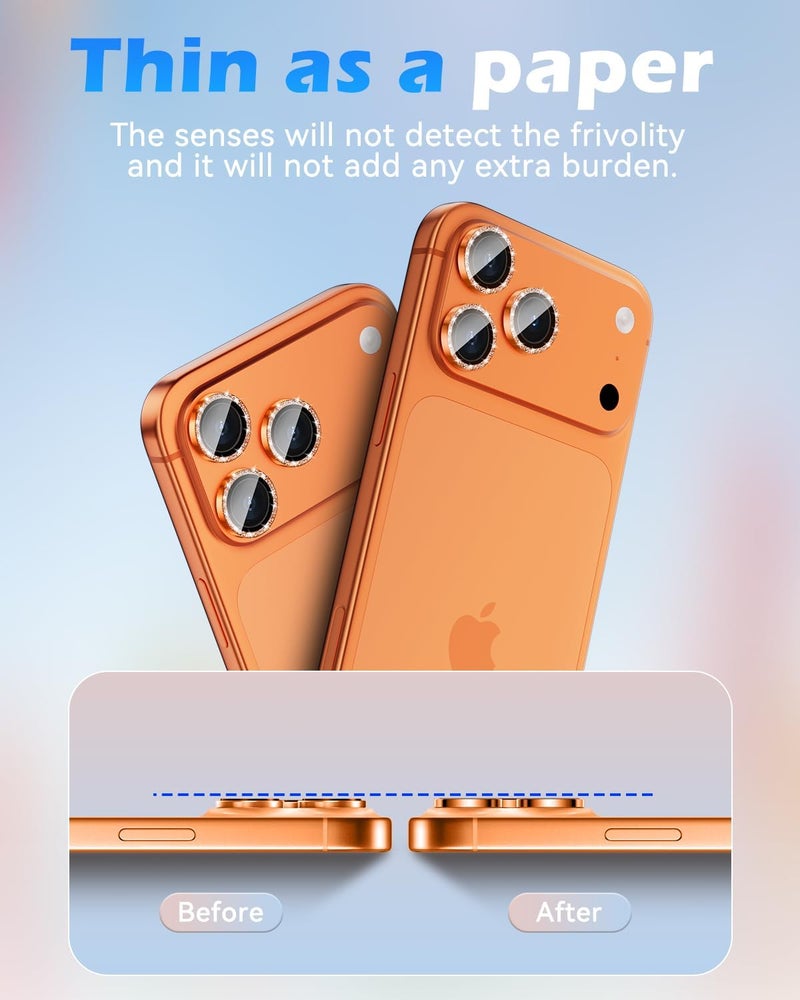 CloudValley Glitter Camera Lens Protector for iPhone 17 Pro/iPhone 17 Pro Max, Anti-Scratch HD Tempered Glass, Shatterproof Metal Ring Cover, Easy Installation, Glitter Cosmic Orange - Image 4