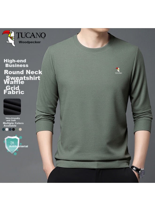 Tucano Men's Business Casual Solid Color Round Neck Classic Long Sleeve T-shirt Top Men's Wear Bean Green M - Image 1