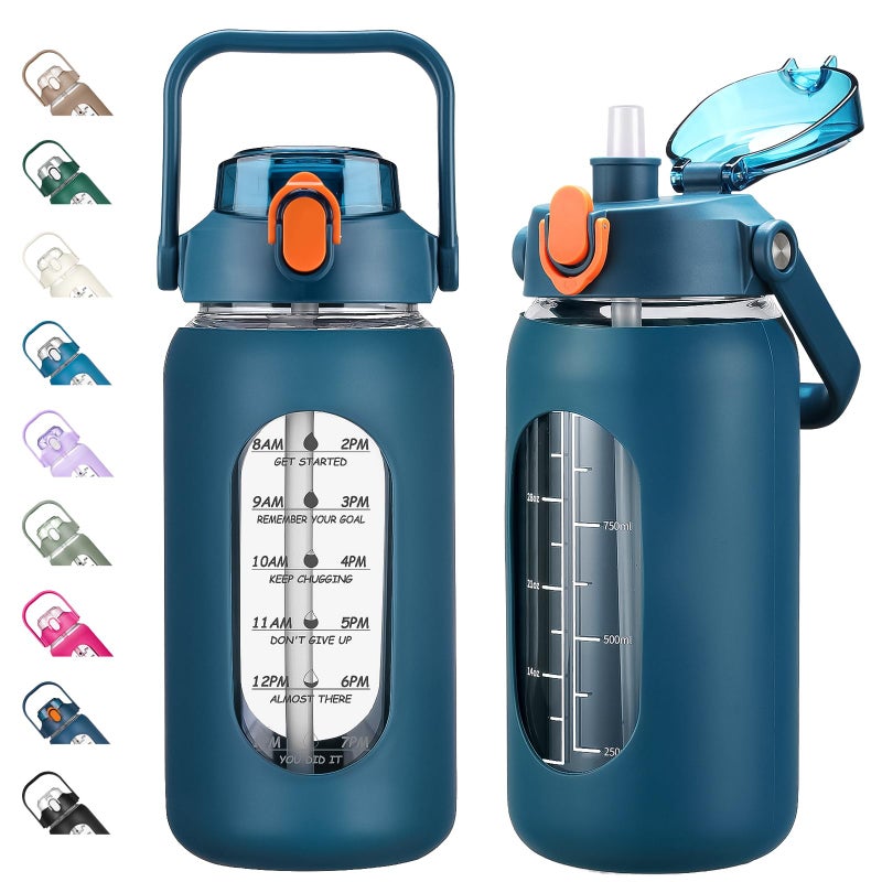 kytffu 42oz Glass Water Bottles with Straw Motivational Glass Bottle with Silicone Sleeve and Time Marker Leakproof Large Glass Water Jug for Gym Home OfficeBlue