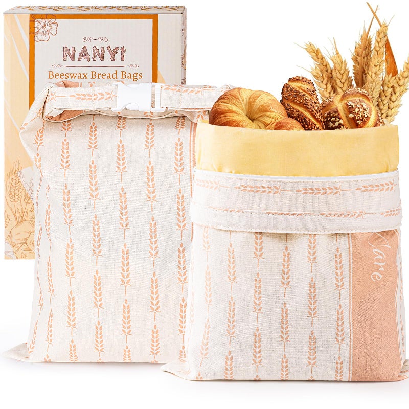NANYI 2-Pack Reusable Beeswax Bread Bags for Sourdough & Homemade Breadï¼ŒCotton Waxed Bags Keeps Fresh Longer(Amber Wheat) - Image 1