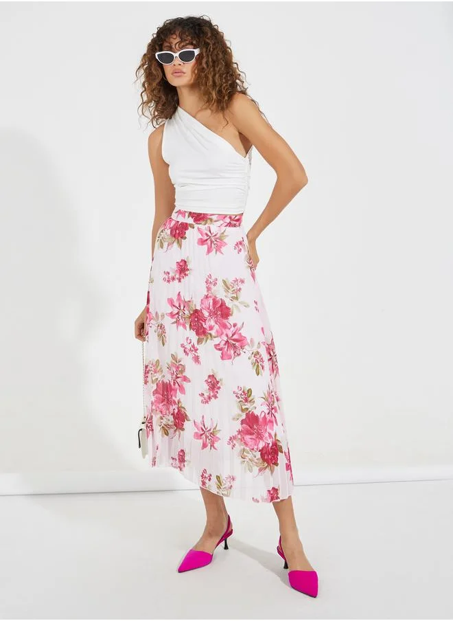 Styli Floral Print Pleated Midi Skirt