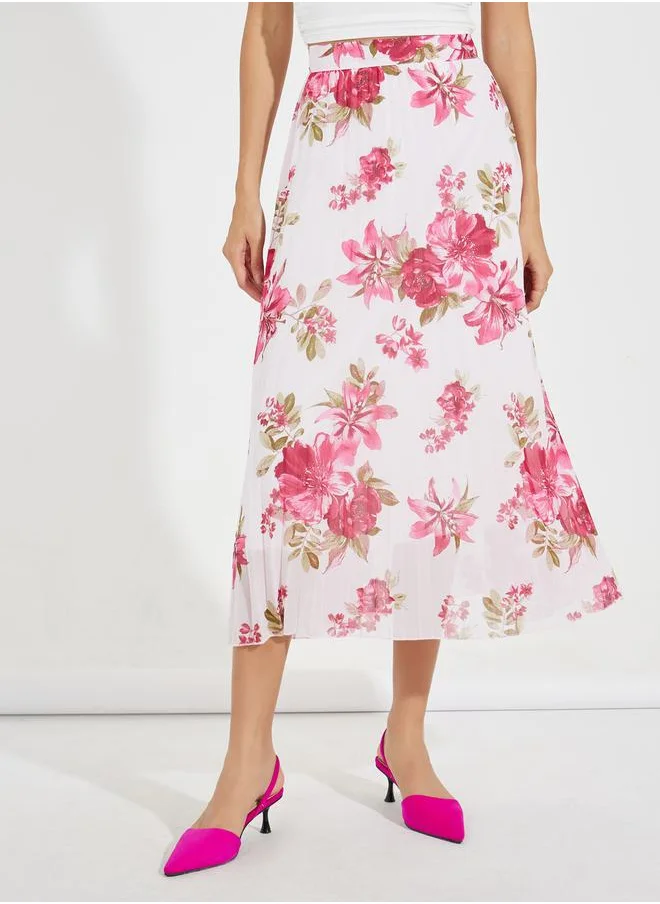 Styli Floral Print Pleated Midi Skirt